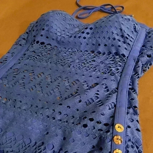 Unbranded Blue One Piece Swim Bathing Suit Spaghetti Neck Strap Large Pre-owned - Picture 3 of 6